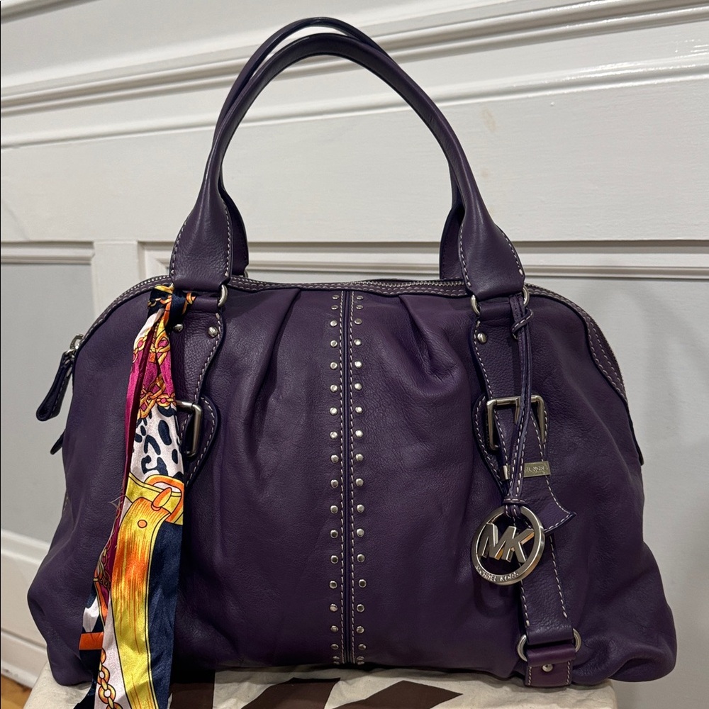Michael Kors Satchel Large Oversized Purple Leather Studded  Lattington Bag - Picture 4 of 17
